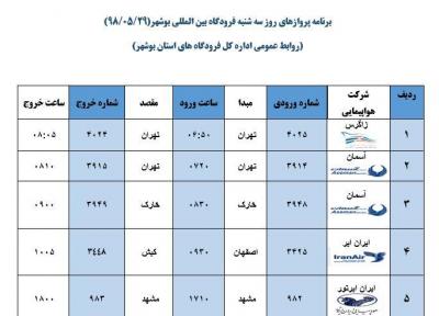 برنامه پروازی فرودگاه بوشهر در 29 مرداد 98